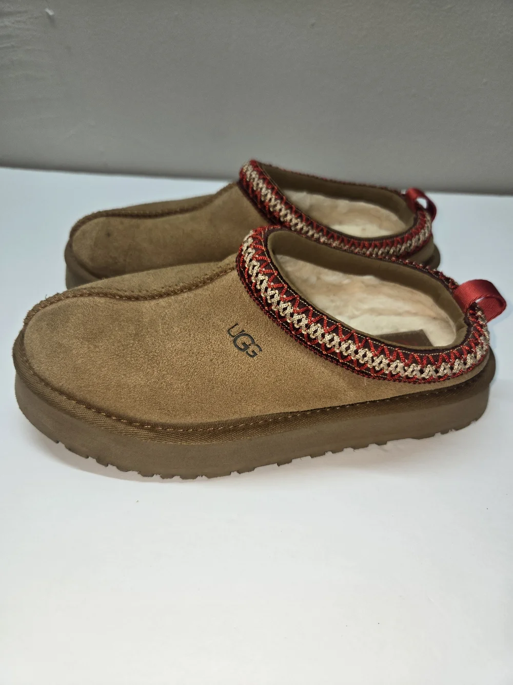 UGG Kids Chestnut Suede Slip-On Clogs with Red Trim